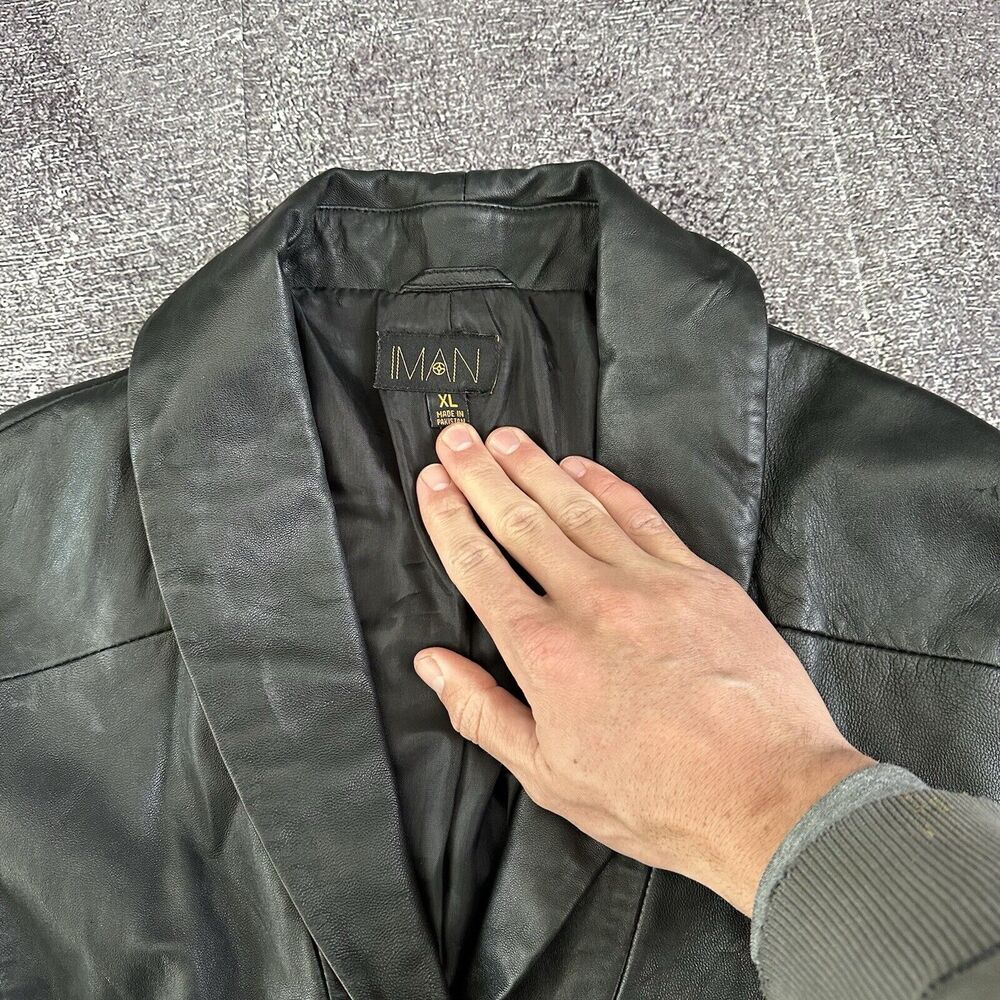 Women's Vintage 90s IMAN Black Genuine Leather Button Up Motorcycle Jacket Sz XL